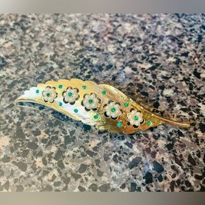Vintage 1960s Gold Tone Leaf Faux Pearl Flowers Green Rhinestone Vintage Brooch